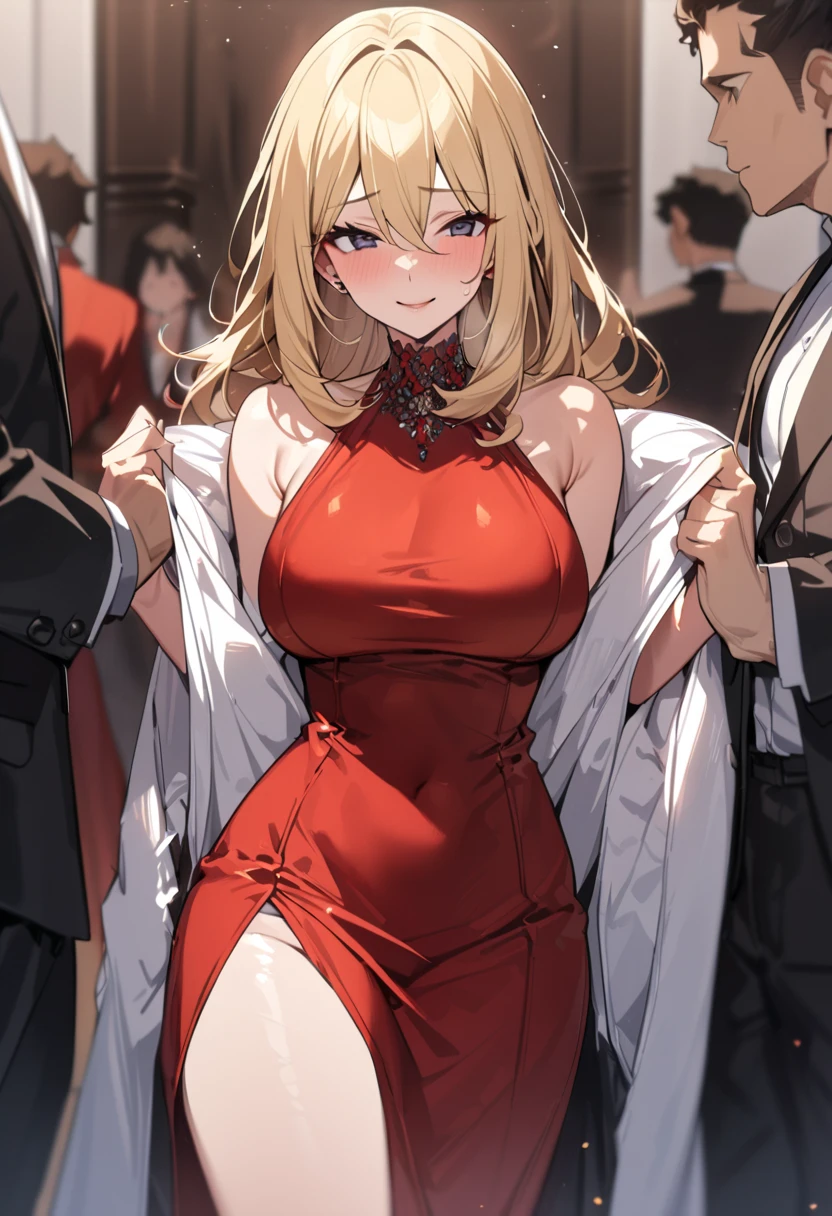 score_9,score_8_up,score_7_up,18 year old,female focus,1girl,asuna \(sao-alo\), sword art online,yuuki asuna,nsfw,brown eyes, brown hair, long hair, bangs, braid,standing,foot up,hand on hip, holding cup,(drunk-smirk),blush,large breasts,brown hair,parted hair,long hair,red dress,fur-trimmed capelet,plunging neckline,center opening,cleavage,navel,earrings,bracelet,roof pool-party,cityscape,night ,multiple-black people,surrounding by 5 strong boys(big male harem)