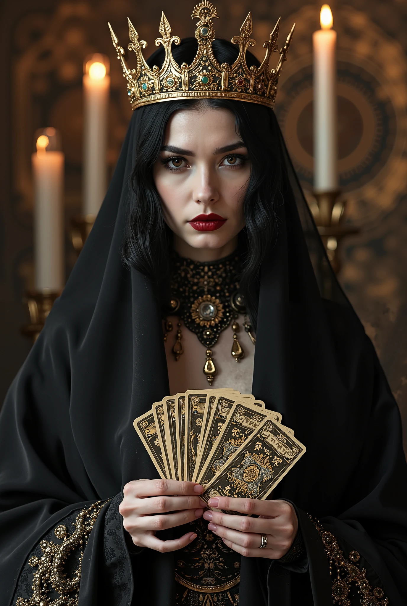 young witch of the desert , in the Arab room, black long cape with a hood falling over the eyes, scarf covering lips and nose, black and red lines on the face, black smudged makeup, golden eyes, black hair, black outfit, eye tattoo under collarbone, gold jewelry, full length, fortune telling cards in hand