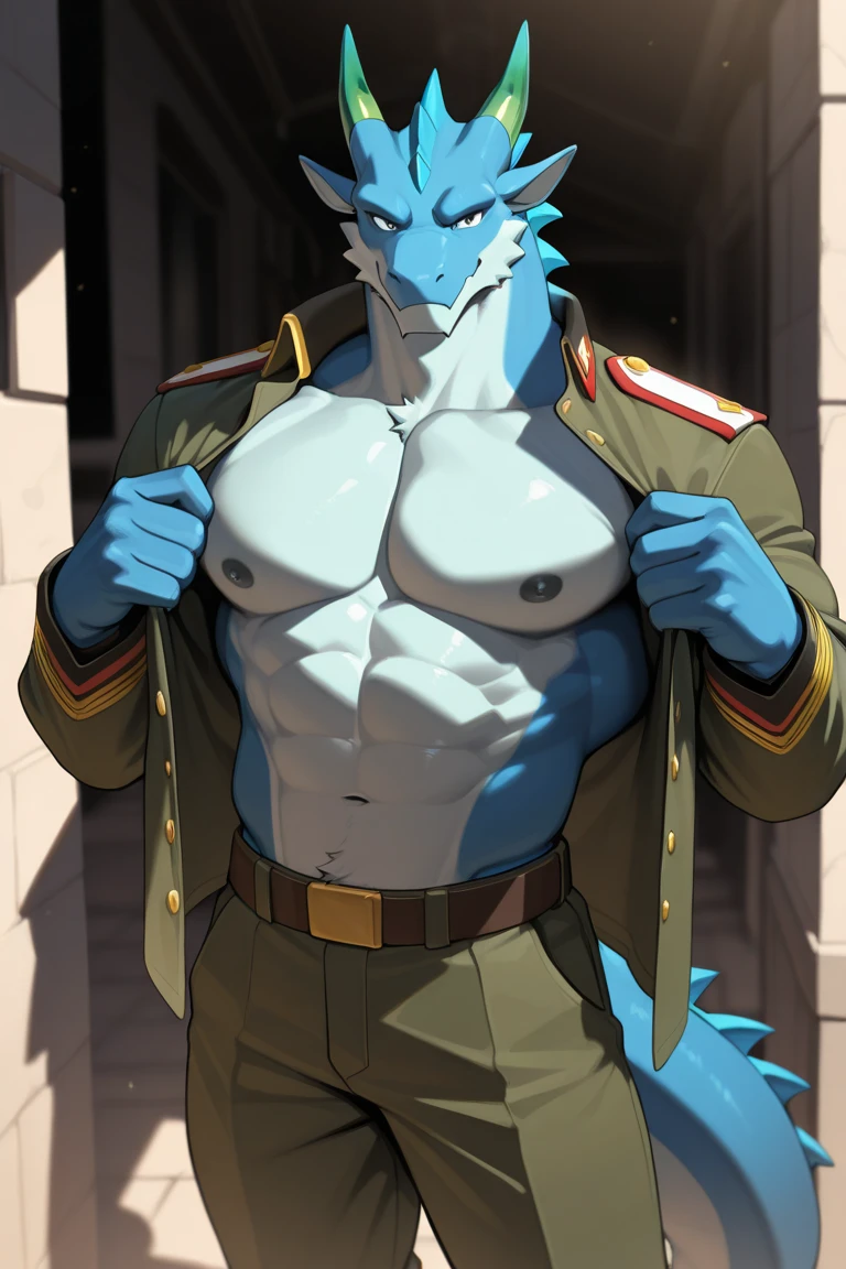 High quality, 1 male ,big,strong, muscular, huge,thick neck,good looking,handsome,adult,blue eyes,blue,dragon,in a army suit,in a room,the army suit is very tight,showing very muscular pecs and arms,red collar on,dragon saluting,pants unzipped,showimg massive penis,shwoing his big balls,penis leaking,penis cumming,dragon looking at you,dragon saluting at you,smiling,dragon enjoying.