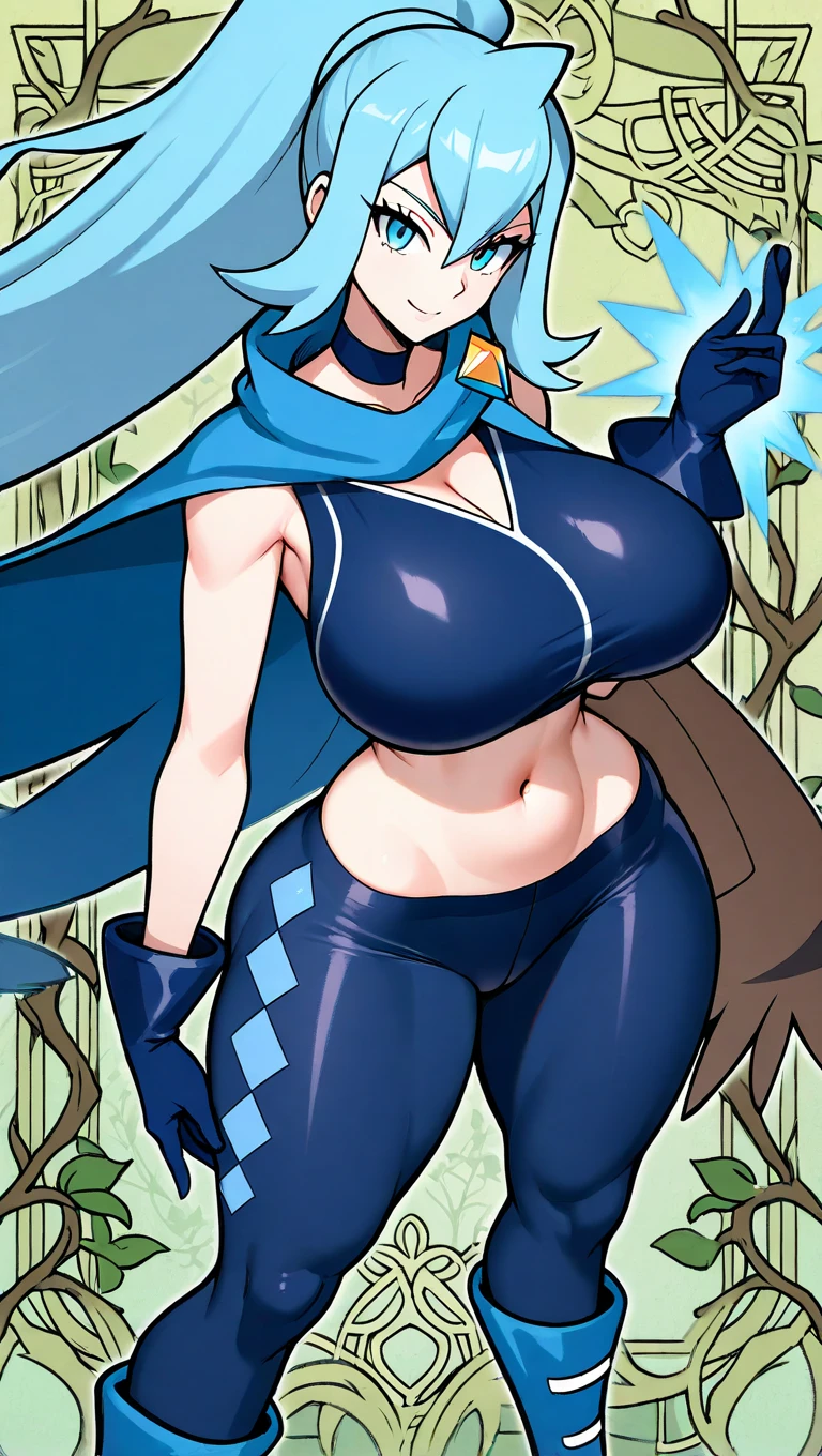 score_9, score_8_up, score_7_up, source_anime, , Pokémon, Clair, cape, blue hair,, exposed , nipples, long sleeves, ponytail, choker, nude, simple bround, pussy, landing strbic hair, holding pokeball, erect nipples, upper boarge b