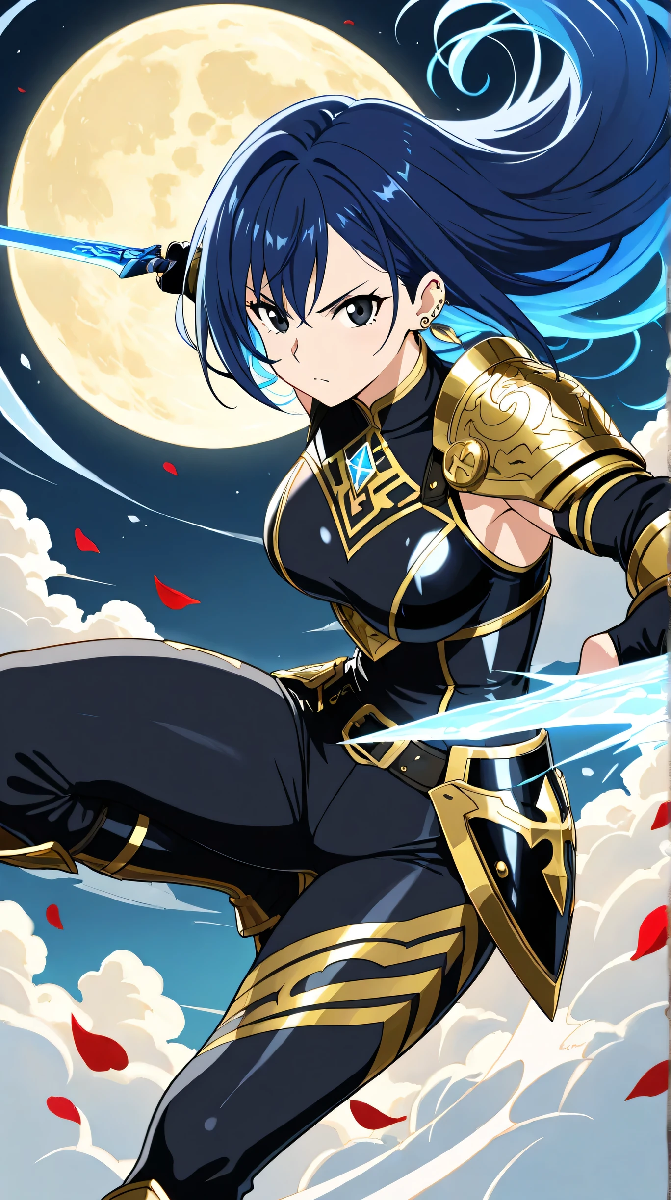 Masterpiece, Best Quality, Top Quality, Very Detailed, 1 girl, A fierce female warrior with long, flowing blue hair and piercing black eyes, wielding a glowing ice-blue sword under the full moon. She wears an intricate black and blue battle outfit adorned with metallic armor details and elegant golden accents. The scene is dynamic, with shards of ice floating in the air, red petals swirling around, and a dark night sky filled with scattered clouds. She is in a powerful stance, ready for battle, with determination in her eyes. The art style is high-quality anime with fantasy elements, featuring dramatic lighting, glowing effects, and a strong sense of movement.