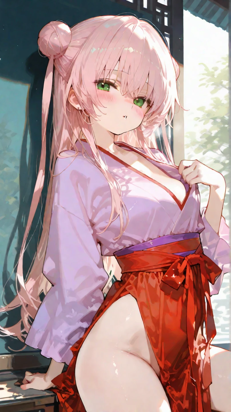 Masterpiece, Best quality, hindquarters_Visible_Through_Thighs, Cityscape, Real, A high resolution, Colorful, Girl, Long hair, Colored inner hair, curly_Hair, Beautiful detailed eyes, Light smile, Small breasts, Japanese_clothes, Obi, Frilled bra , white kneehighs, Earrings, Hair_bow, necklace, Sit on the, wariza/W-sitting, nipple tweak_thigh high,