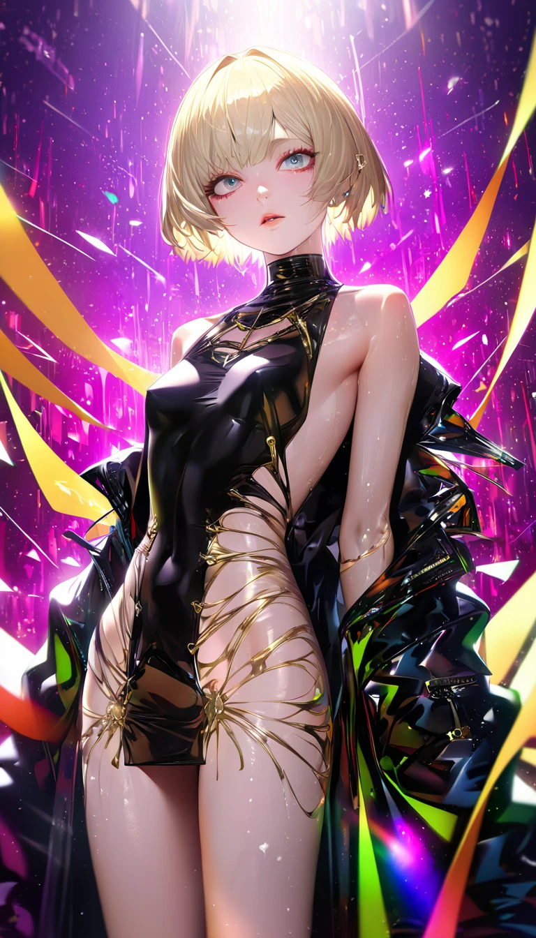kawaii, cute boyish girl with very short messy boyish blonde hair, gold piercing gaze, glamorous proportions, wearing black slingshot-dress, background wide variety punks, (ultra detailed, absolutely resolution, best quality:1.3), 2.5D, delicate and dynamic effects, lighting effects, artistic, hyper, graphic CG digital art