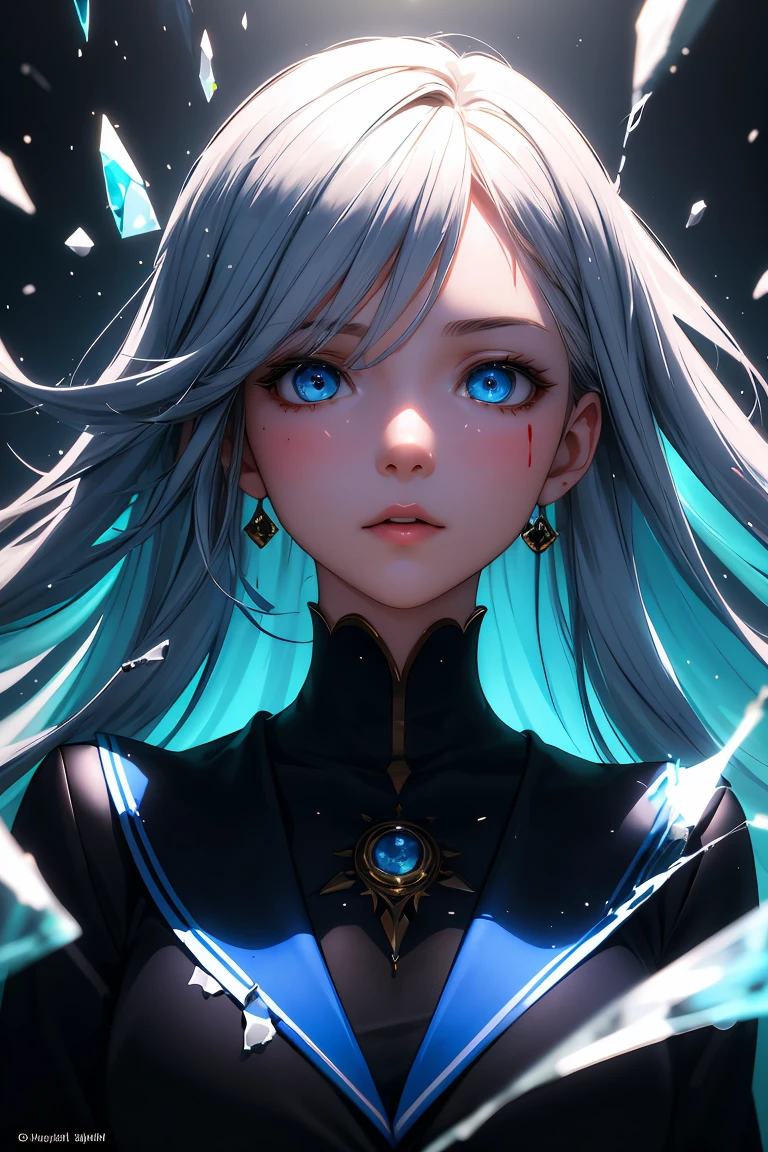 masterpiece, highest quality, 4k, high quality, insane details, illustration, 1girl, white long hair, light blue eyes, frilly dresorest), dark atmosphere, mystical, perfect body, perfect face, beautiful eyes, bioluminescence, bioluminescent water shining through her dress, shiny, translucent, volumetric lighting, crystal earrings, aesthetic, detailed background