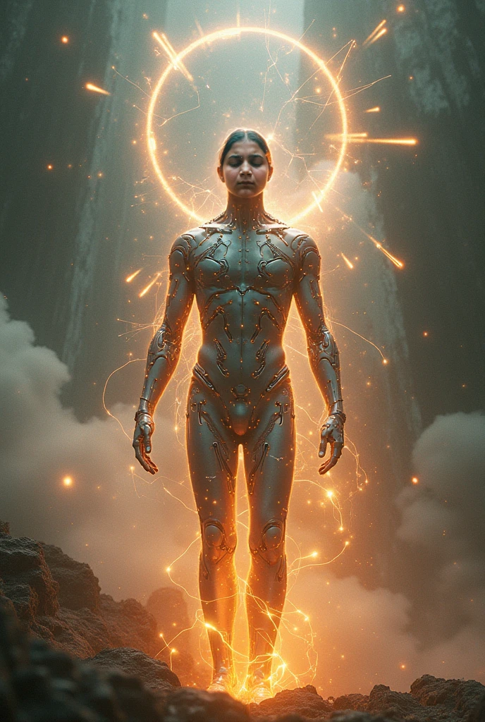 A woman floats on the roof of a high-rise building, the highest part of the roof, the roof, the whole body is yellow glow, the texture of the light is clear, the woman has a complex stained glass tattoo texture