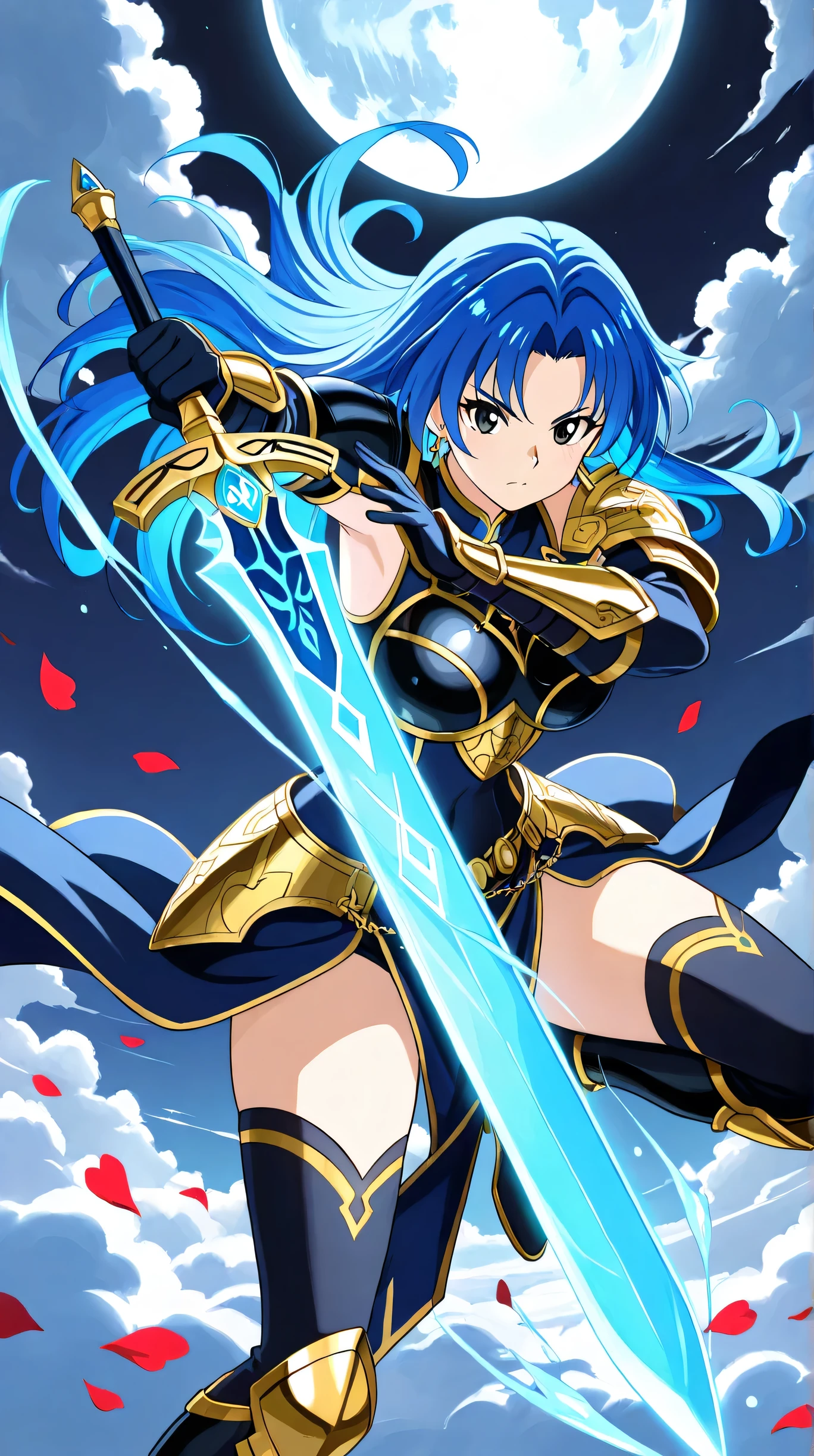 Masterpiece, Best Quality, Top Quality, Very Detailed, 1 girl, A fierce female warrior with long, flowing blue hair and piercing black eyes, wielding a glowing ice-blue sword under the full moon. She wears an intricate black and blue battle outfit adorned with metallic armor details and elegant golden accents. The scene is dynamic, with shards of ice floating in the air, red petals swirling around, and a dark night sky filled with scattered clouds. She is in a powerful stance, ready for battle, with determination in her eyes. The art style is high-quality anime with fantasy elements, featuring dramatic lighting, glowing effects, and a strong sense of movement.