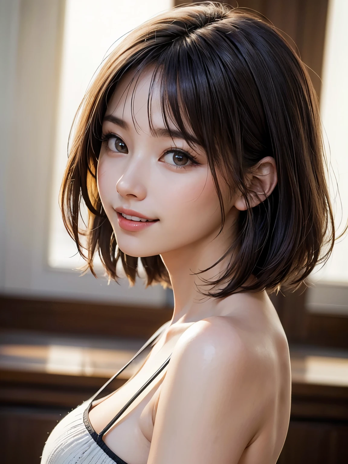 (8K, 超A high resolution, Best Quality, masutepiece:1.2)、RAW portrait of japanese girl、超A high resolution、top-quality、 (Micro-breasted:1.5)、{White shorts:1.5}、(Wearing a black sleeveless turtleneck:1.5)、(hands to hips:1.3)、(In the street:1.2) BREAK (Natural Skin Texture、Detailed skin、Hyper-Realism、ultra sharpness)、intricate detailes、depth of fields、Sexy adult woman、(dark brown hair、Very short bob hair:1.3)、((masterpiece、top-quality、high-detail))、(Photorealsitic:1.4)、独奏、closes mouth、Smile happily、big eye、Distinct double eyelids、Lashes、long neck、Absolute area、Clean collarbone、face perfect、thin lips、a small face、(gazing at viewer、Highlights in the eyes、Light brown eyes、lipgloss)、(Show the whole body from the side:1.3)
