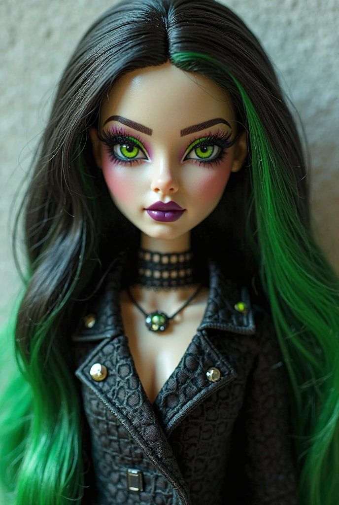 make a Blythe doll with latina make up with green highlighted hair and slit brows 