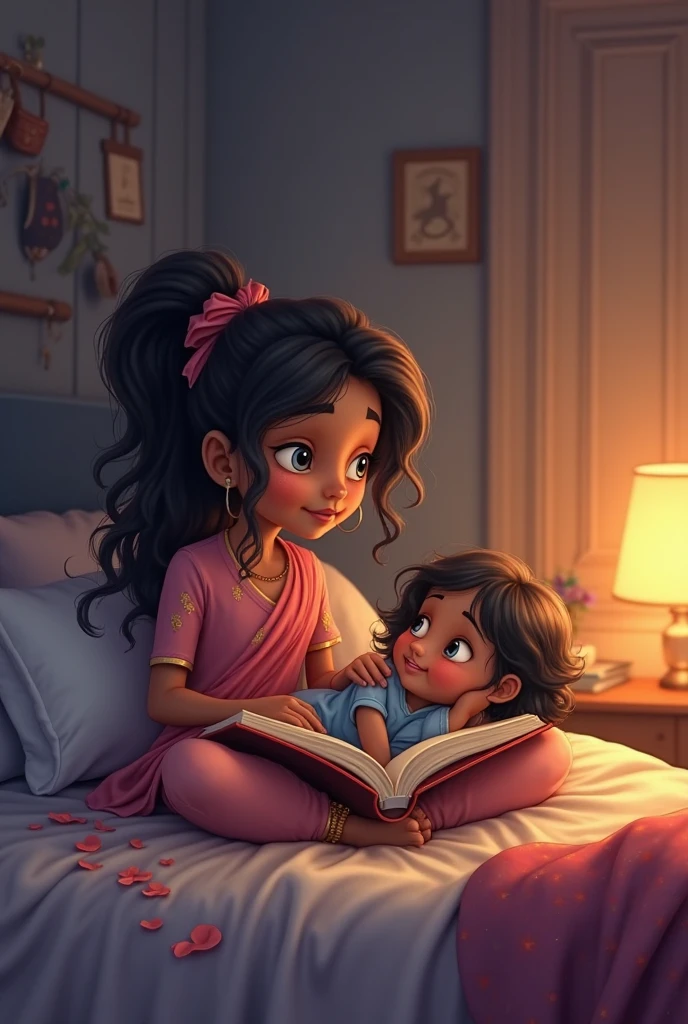 indian 40 year old chubby woman wears tight pink colour gown, lying on bed, reading a magazine, and 17 year small boy wears tshirt and short, lying alongside the woman on bed, hugged the woman and seeing the magazine.