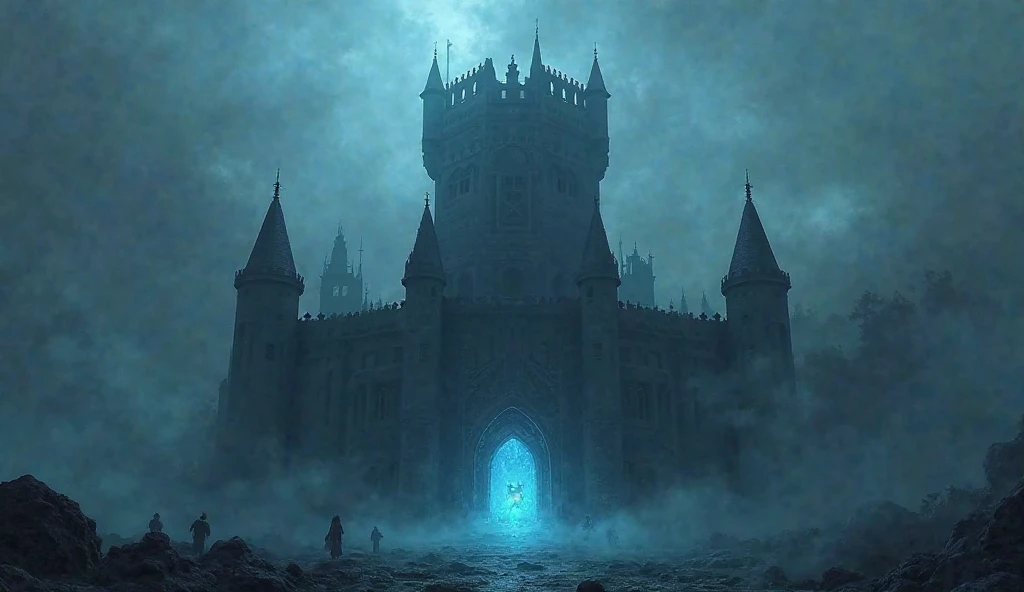 Sentient Castle A towering ancient castle shrouded in dark mist, broken battlements and ...