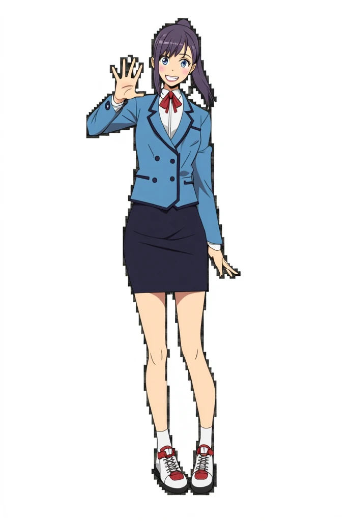 Minakata Hizuru, wearing default outfit, default hair, black hair, wearing suits, farting, massive fart, yellow smoke, fart from ass, blush
