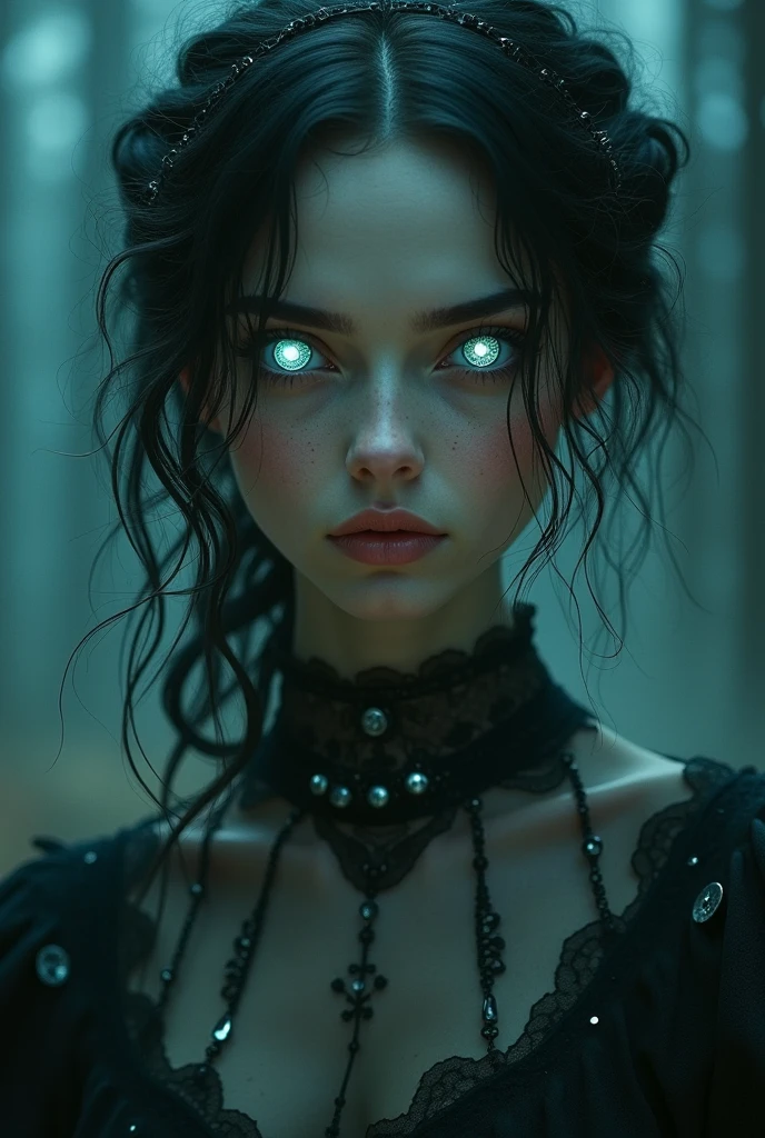 ((Close-up portrait of a girl with green eyes)), with glowing purple eye light, Violet luminous rays, dark fantasy portrait, Portrait in profile, (Cheeky face). Dark Fantasy, realistic 4k digital art, realistic 4k digital art, dark fantasy portrait, Dark Fantasy Digital Art, (Dark), But detailed digital art, sexy girl with green eyes, ((Gloomy color scheme:1,5)), 4k detailed digital art, Green glowing eyes, (NSFW), (A very dark room, little light, Low visibility)). (Strong shadow:1,6). twilight.