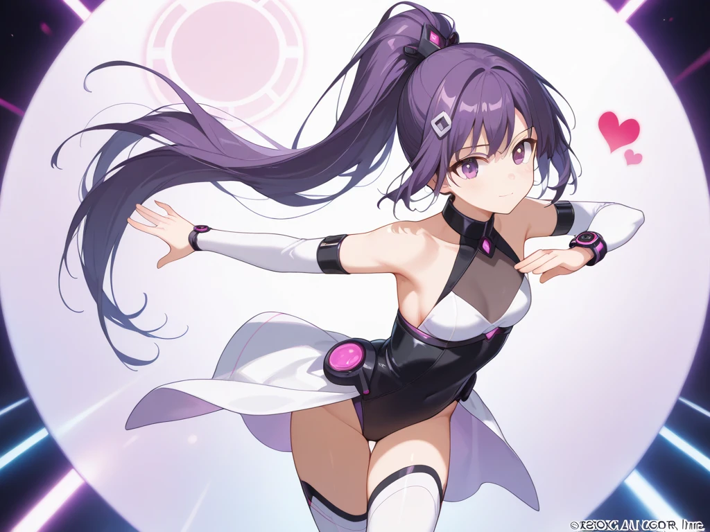 masterpiece, 1girl, solo, smile, smirk, open mouth, (purple black hair), twin tails, race queen, rq, tedeza rize, standing, (hand on own hip), looking at viewer, Sleeveless, Skirt, Intricate Iris Details
