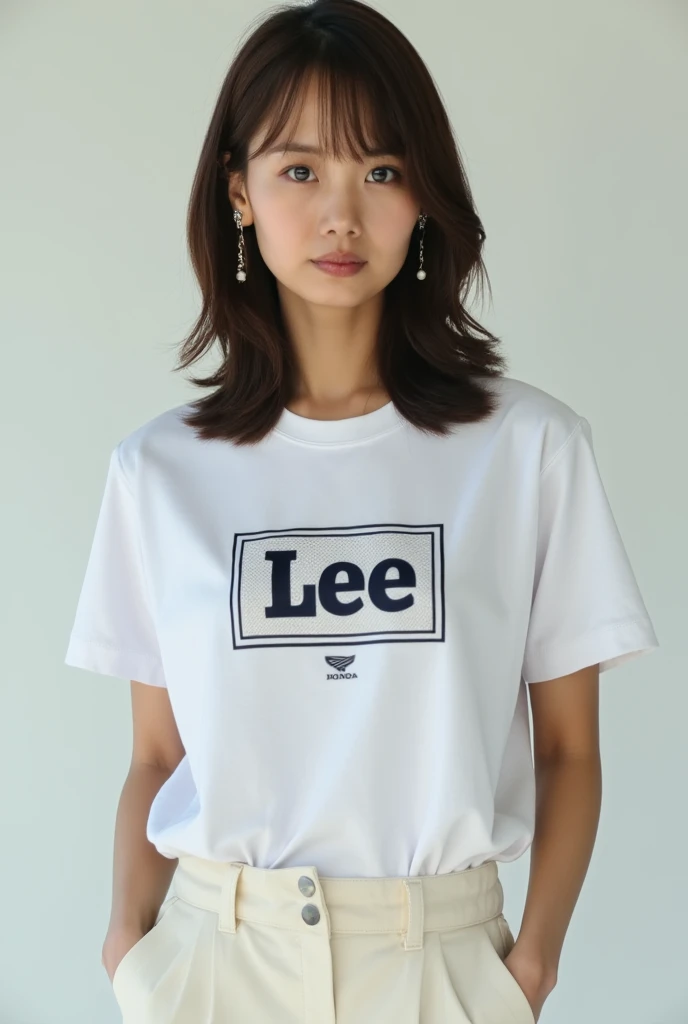 Headshot of a Japanese woman modeling wearing a Lee logo t-shirt and cool Honda logo chinos SM Hotel