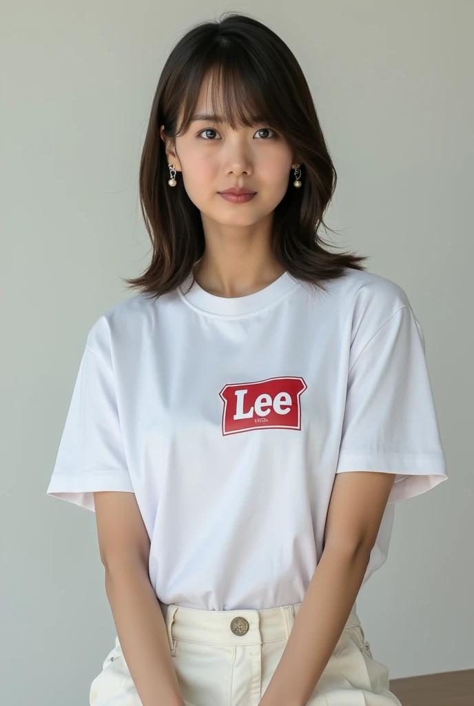 Headshot of a Japanese woman modeling wearing a Lee logo t-shirt and cool Honda logo chinos SM Hotel