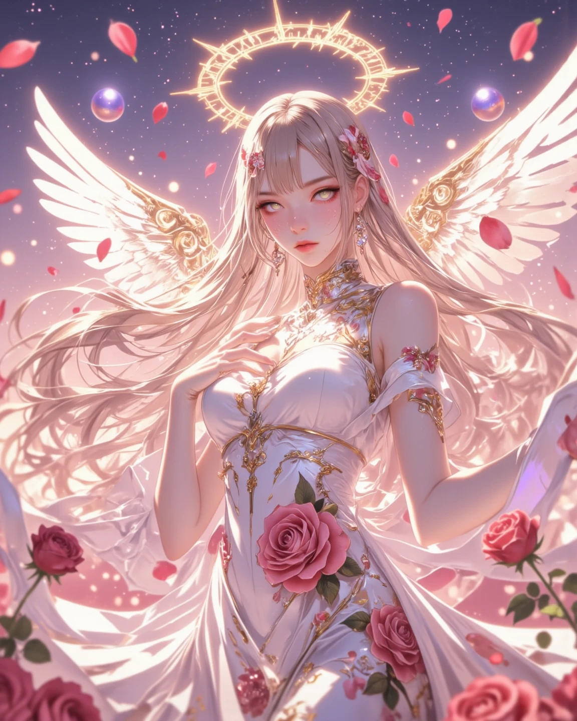 A stunning anime-style illustration of a celestial rose angel, gracefully floating in a dreamy, ethereal world. She has large, expressive eyes that shimmer like gemstones, and long, flowing pastel-colored hair that sways gently in the air. Her delicate wings, adorned with soft pink and white feathers, emit a gentle glow. She wears an elegant, flowing dress with intricate rose patterns, the fabric moving as if caught in a gentle breeze.

Her pose is enchanting—one hand reaching out gracefully as if offering a rose, while the other gently touches her , conveying a sense of warmth and serenity. A radiant halo of soft golden light encircles her head, casting a divine glow. The background is a celestial dreamscape filled with floating rose petals, softly glowing orbs, and swirling mist, creating an atmosphere of pure magic. The sky is a blend of soft pink, purple, and deep blue, resembling a twilight dream. The overall scene is detailed, vibrant, and deeply immersive, capturing the true essence of fantasy and beauty.


