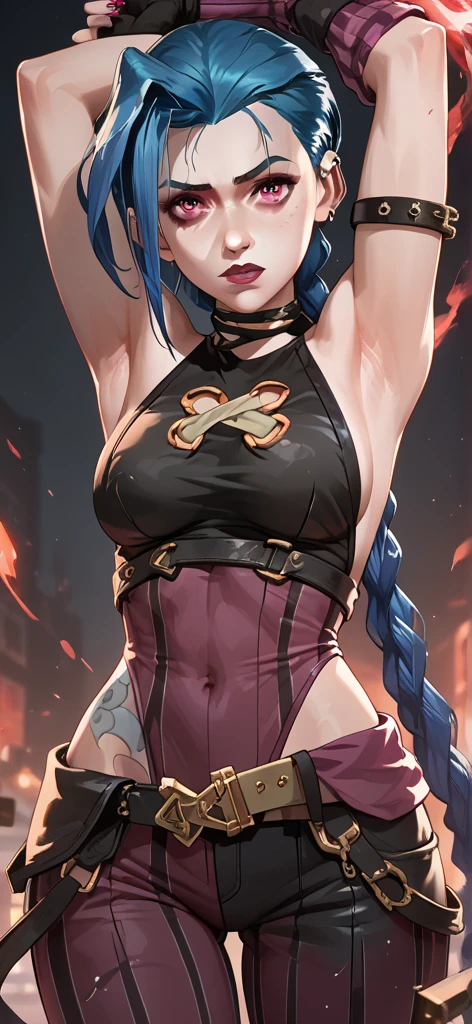 (hews art style:0.7), score_9, score_8_up, score_7_up, score_6_up, uncensored, yor briar, black hair, white hairband, sidelocks, red eyes, BREAK (masterpiece:1.2), best quality, high resolution,(detailed eyes:1.3), perfect lighting, (perfect hands, perfect anatomy), hearts, pleasured, huge breasts, 1girl, breasts, solo, blue fire, fire, navel, underboob, shorts, looking at viewer, bare shoulders, forest, scar, gloves, smile, contrapposto, arm behind back, black shorts, midriff, cowboy shot, crop top, blood, earrings, black gloves, hand up, standing, jewelry, gauntlets, stomach

