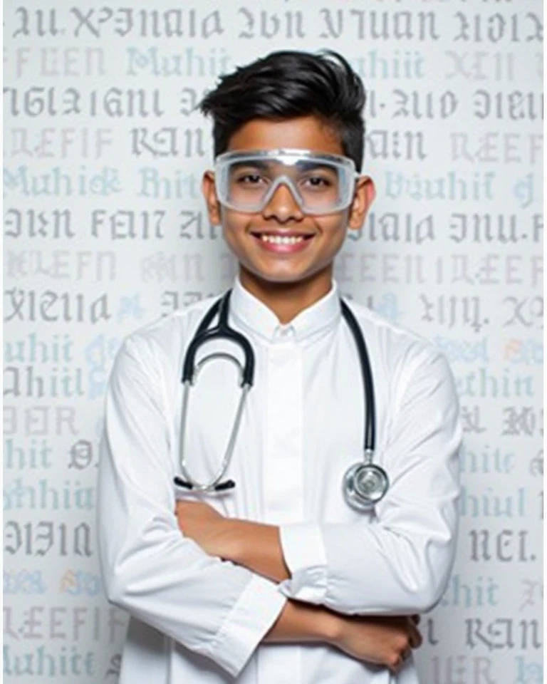 17 year old Indian boy wearing normal doctor MBBS dress posing for name Nadeem India Today in background