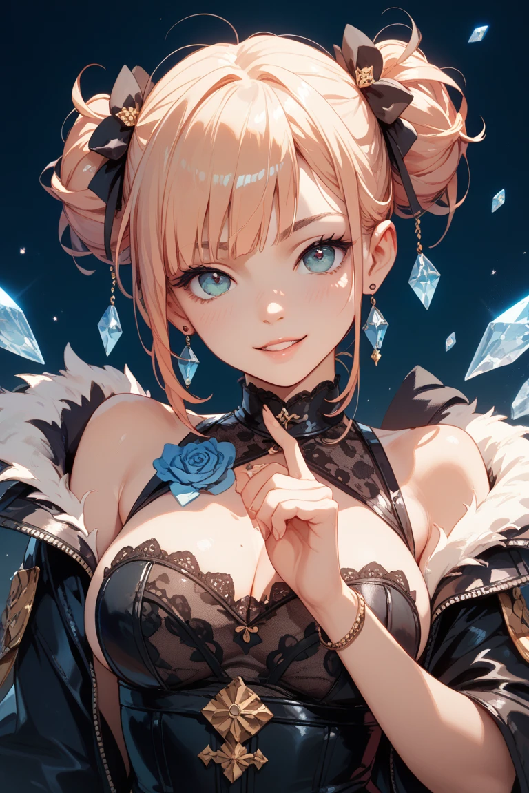 Anime art style, Spoiled brat, blond hair, perfect hair, blue eyes, chic and expensive clothes, magnificent white dress, fully white clothes, blowing pink gum, detailed gum, reflects in the gum, look of superiority, cleavage, daddy's girl park background, stone floor, wooden bench, large trees, hair floating in the wind, looking at viewer, upper body view, majestic make up, majestic face, highres, ultra-detailed, (best quality,4k,highres,masterpiece),subdued colors, vivid colors, professional lighting, detailed lips, detailed eyes.