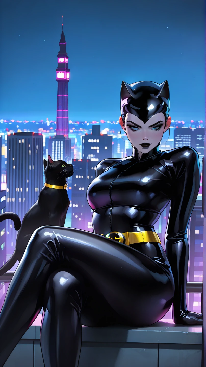 (masterpiece, best quality:1.2), catwoman, 1girl, solo, breasts, (cat ears, goggles on head), black bodysuit, night, front opening, unzipped all the way down, open bodysuit, green eyes, blurry background, perfect hands, perfect fingers, skimpy outfit, surrounded by 5 black cats