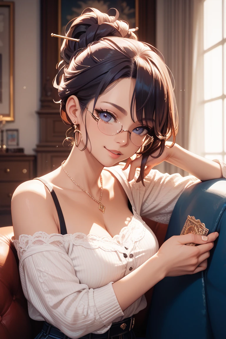 (best quality, masterpiece), 1girl, dappled sunlight, indoors, glasses, shy, 1 girl, young girl, (goosebumps:0.7), beautiful face, (eyeliner, lipstick:0.9), 4k, 8k, uhd, hdr, detailed background, background