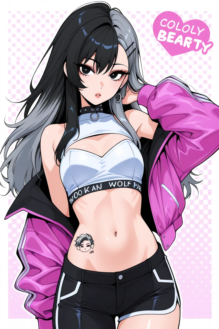 Long straight very black hair, Perfect face, perfect body, Horns, Choker, earrings, Sharp Nails, Ponytail, 1 girl, Mature, Bangs, Long Eyelashes, Vibrant Colors, Pink Baggy Jacket, Sports Shorts, Muscular Body, Thigh Highs, Crop Top, In A City, High Quality, NSFW, Naked, Nipples, Vagina, ((Very Close Up On Face)), ((Front View)), ((Very Large Tail)), (((Very Large Tail))), Tail, Monster Tail, Abs,