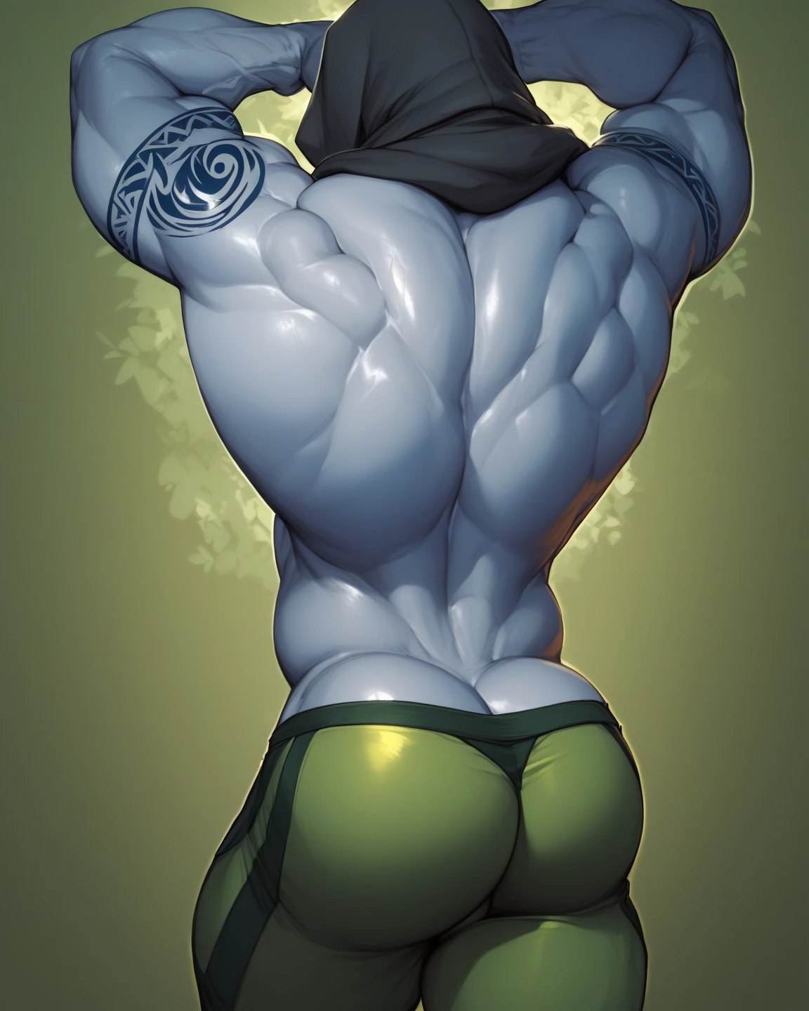 (1orc, solo, (from behind, menacing) ), (orc is male with big dick, nude , bald, muscular, (detailed eyes, face)), (background, enchanted forest, flowers, waterfall), (detail):1.1
