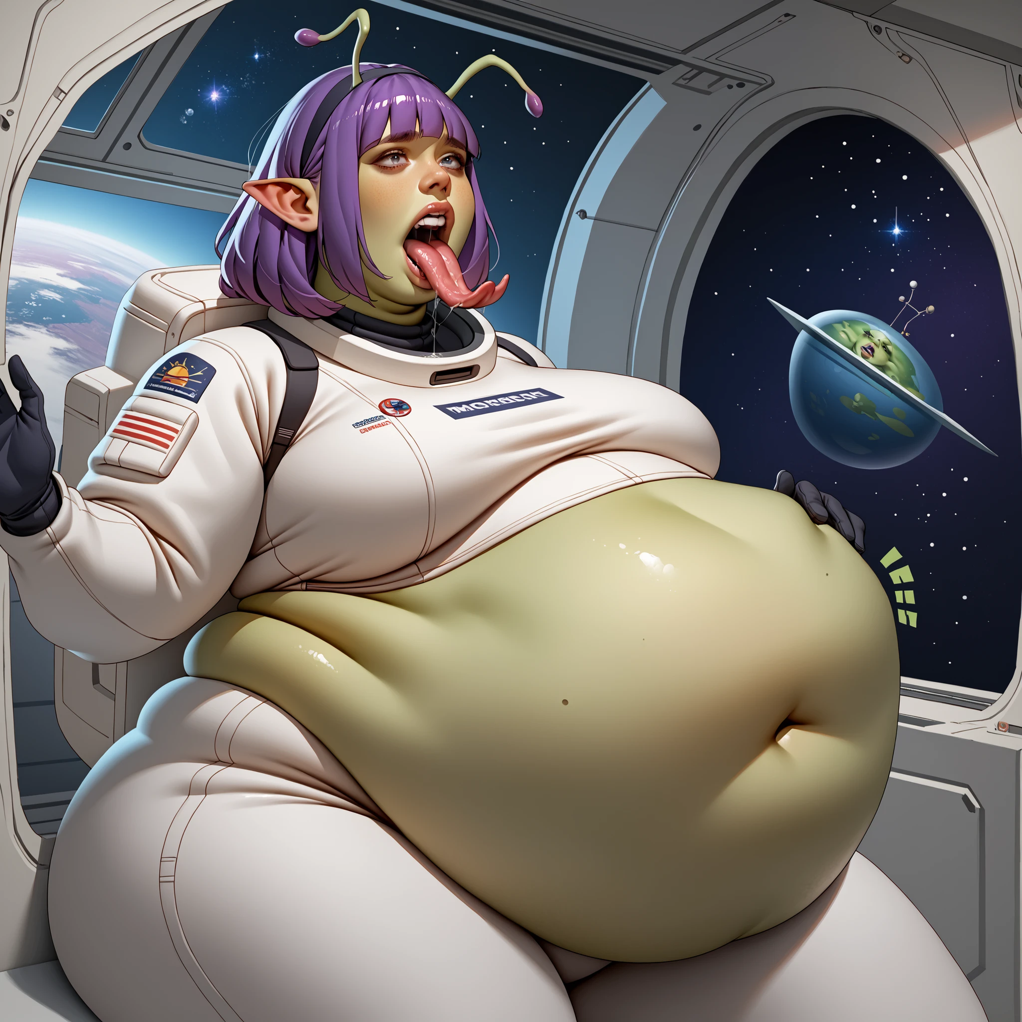 score_9, score_8_up, score_7_up, score_9, chubby alien woman lets out a powerful belch, mouth open tongue out, saliva flying from mouth.
woman a chubby belly, before Vore: Green skinned alien BBW female with purple hair that covers her eyes. She has two antennas coming out of her hair and pointy ears. She is wearing a space suit that exposes her massive midriff. Her belly is budging with a person inside.