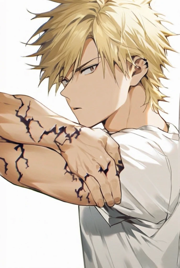 A young man with an angular face smiling with his pointy teeth. His blonde hair is disheveled and often falls over his forehead in a messy manner., reflecting a sloppy style. Their brown eyes often convey a mixture of determination and tiredness., with an expression that varies between firm resolve and vulnerable innocence. He has a slim physique, but athletic, indicating a life of physical challenges and battles. His clothes consist of a crumpled and bloody white shirt., a loosely tied black tie and dark pants, all often torn and dirty , he wears white and red All-star sneakers , wielding a chainsaw sword in his left hand.