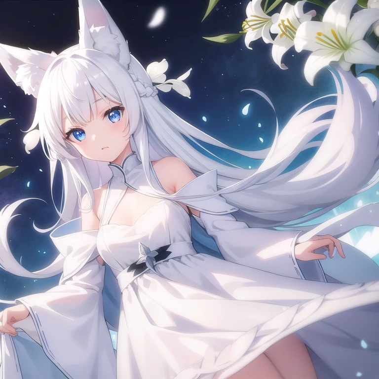 One girl、cute、White cat ears、White bob hair、Soft Hair、Pink eyes、A soft smile、Fluffy white dress、Beautiful thighs、Plump breasts、Around 20 years old、Beautiful starry sky background