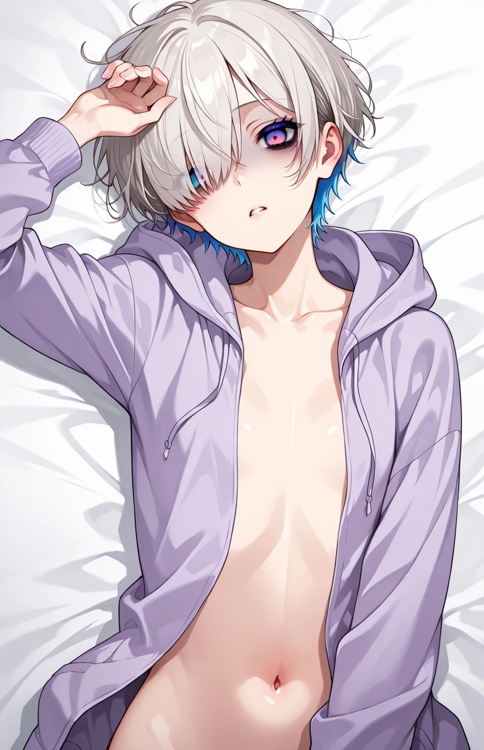((Best quality)), ((masterpiece)), (detailed), perfect face cute boy shy 12 years old shirtless in short swimming trunks white hair and blue eyes thin lying on the bed with his arms stretched up on the bed