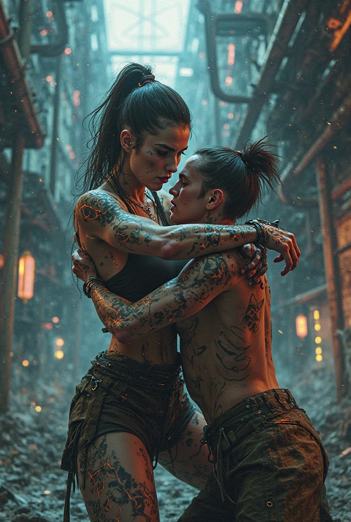 Two ((((women))), (((lesbians))))), 2 barbarian warriors kissing madly, 2 beautiful full-body women, 30 years old, muscular and perfect bodies, with little clothes, tiny thong, caressing each other, super sensual scene, (((((kiss))), (((fiery kiss)))), sexy, sexy pose, very sexy, sexy for, pulling hair, holding each other's breasts