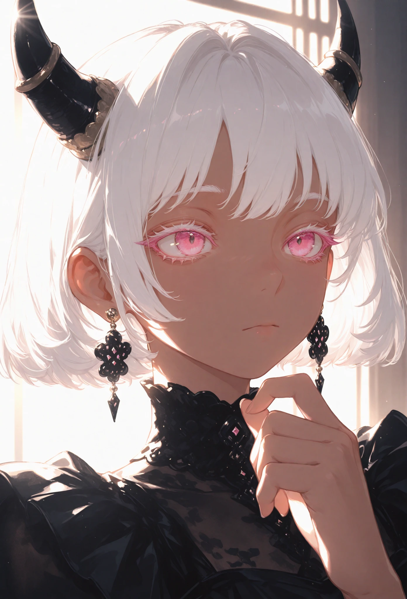 (Obra maestra, La mejor calidad, Ultra detallado), 1girl, BriarLoL, piel gris, cana, pelo corto, (orejas puntiagudas, dientes afilados), Mirando al espectador, Black clothes, sitting, perfect fingers, angry face