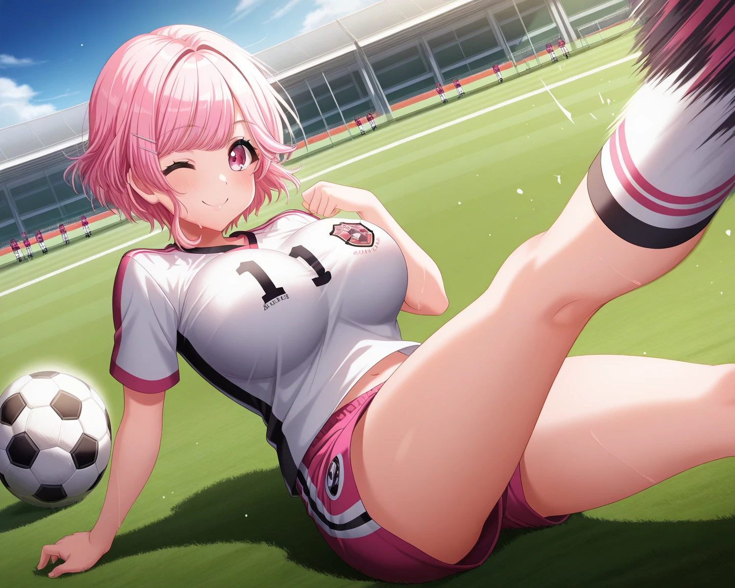 (Highest quality, 8K, High resolution, masterpiece:1.2), Very detail drawing, Pink hair and pink eyes, short bob hairstyle, (big eyes:0.6), (very SWEATy:1.2), blush, semen, PUSSY JUICE, (heart-shaped pupils:1.1), (NSFW:1,9), volleyball uniform, no-sleeve, (female ejaculation:0.6), 1boy, penis into pussy, beauty breasts, (show her one sole:1.1),