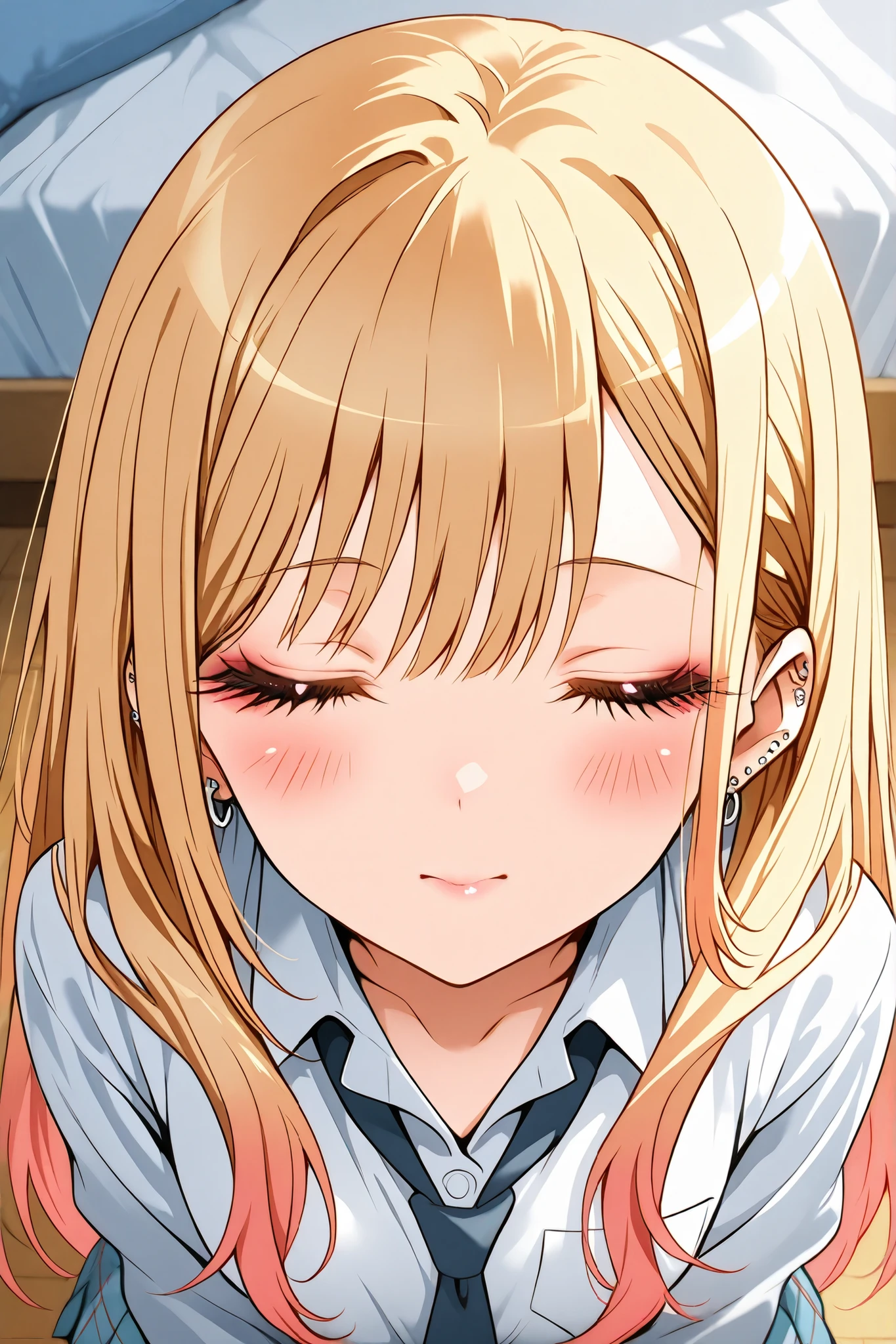 marin_kitagawa,
front,upper body,from above,
long hair,bungs,blond hair,red eyes,
Multicolored Hair,
look up,Turn this way,
Wait for a kiss,closed eyes,little charming mouth,
school uniform,
indoor,bed room,on bed