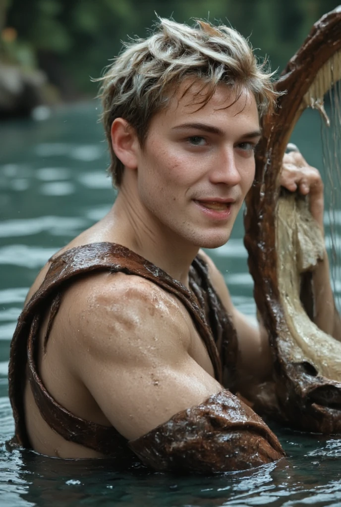 Male, elf, short ginger hair, wet, in lake, slim, athletic body, blue eyes