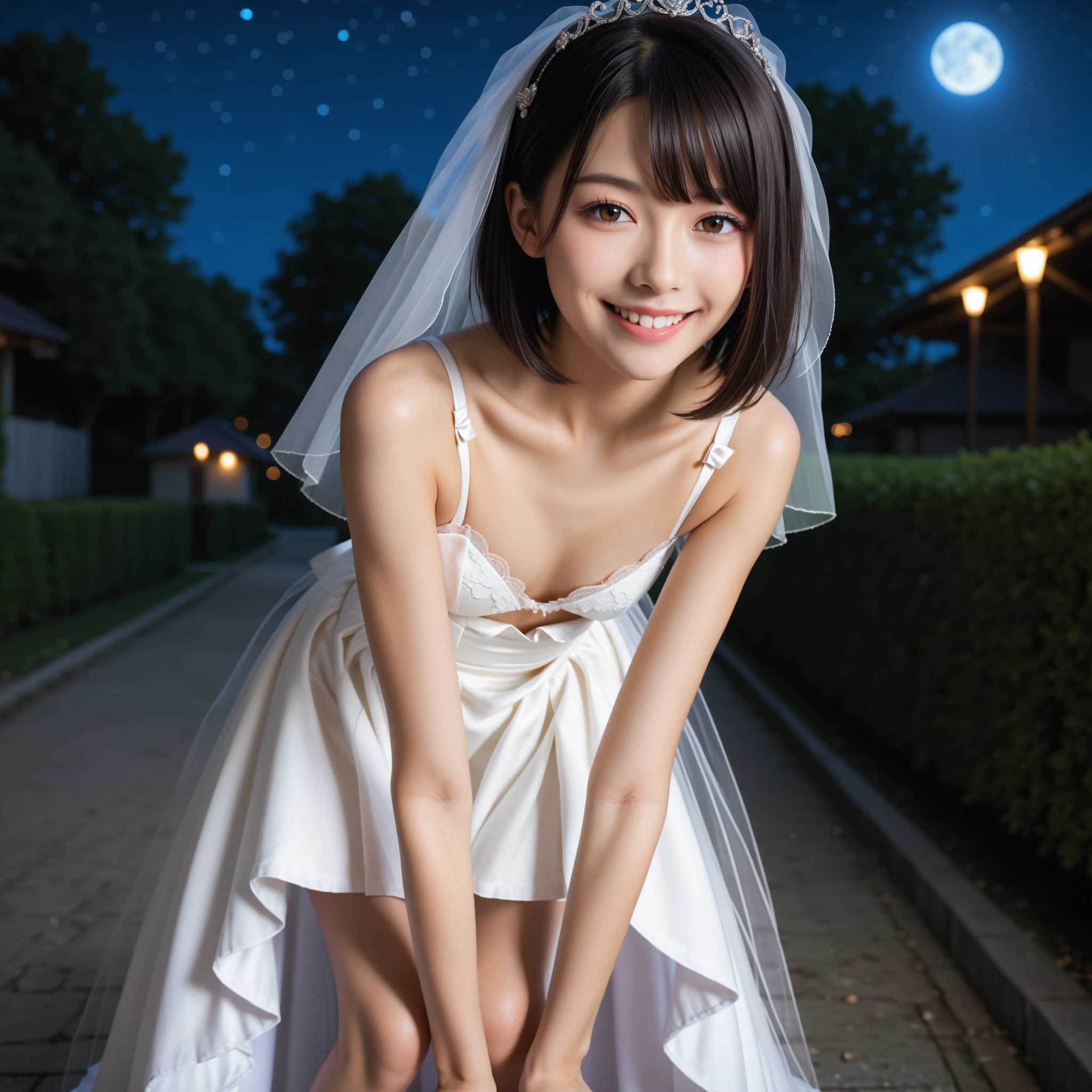 Looking up, 8K, masterpiece, Most detailed, Highest quality, bath, create a sense of fit, Cute Girls,Side Tail, (Wet),moonlight,((wedding)),pubic hair,Veil,(((bride))),((Show off)),(buffy nipples),Ecstatic expression,Outdoor,White lace,Nipples,Bright lighting,Ample breasts,Saggy breasts,Hime cut,
