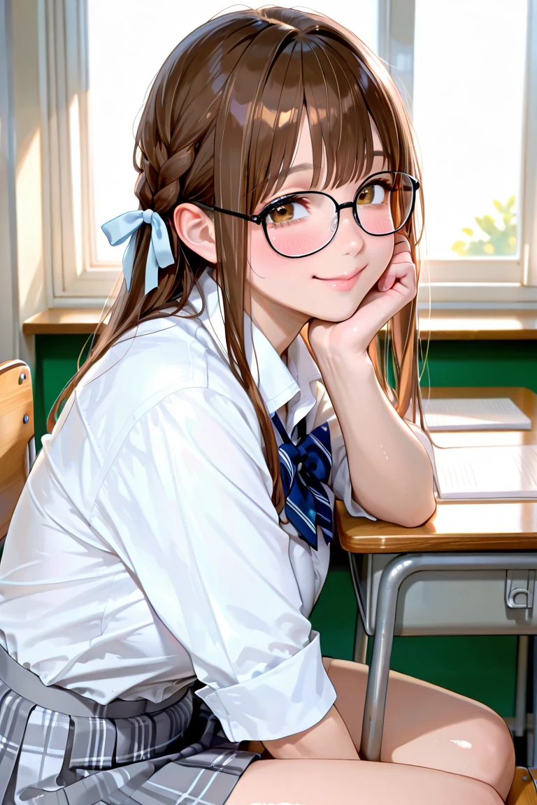 ((masterpiece)),((Highest quality)),((High resolution)),((Anatomical)),((Realistic)),((Detailed Description)),((Full body view)),((Perfect lighting)),((8K)),((cute)),((School classroom)),((Window)),((Sit at a desk)),(((((One ))),(((Lori))),(((neutral))),((8-year-old)),autifeyes)),((Baby Face)),((low ((Petite)),((Flat Chest)),((Two braids)),((Seductive smile)),((Red cheeks)),(((School uniform with short sleeves))),(((skirt))),(((Glasses))),(((1 backpack))),