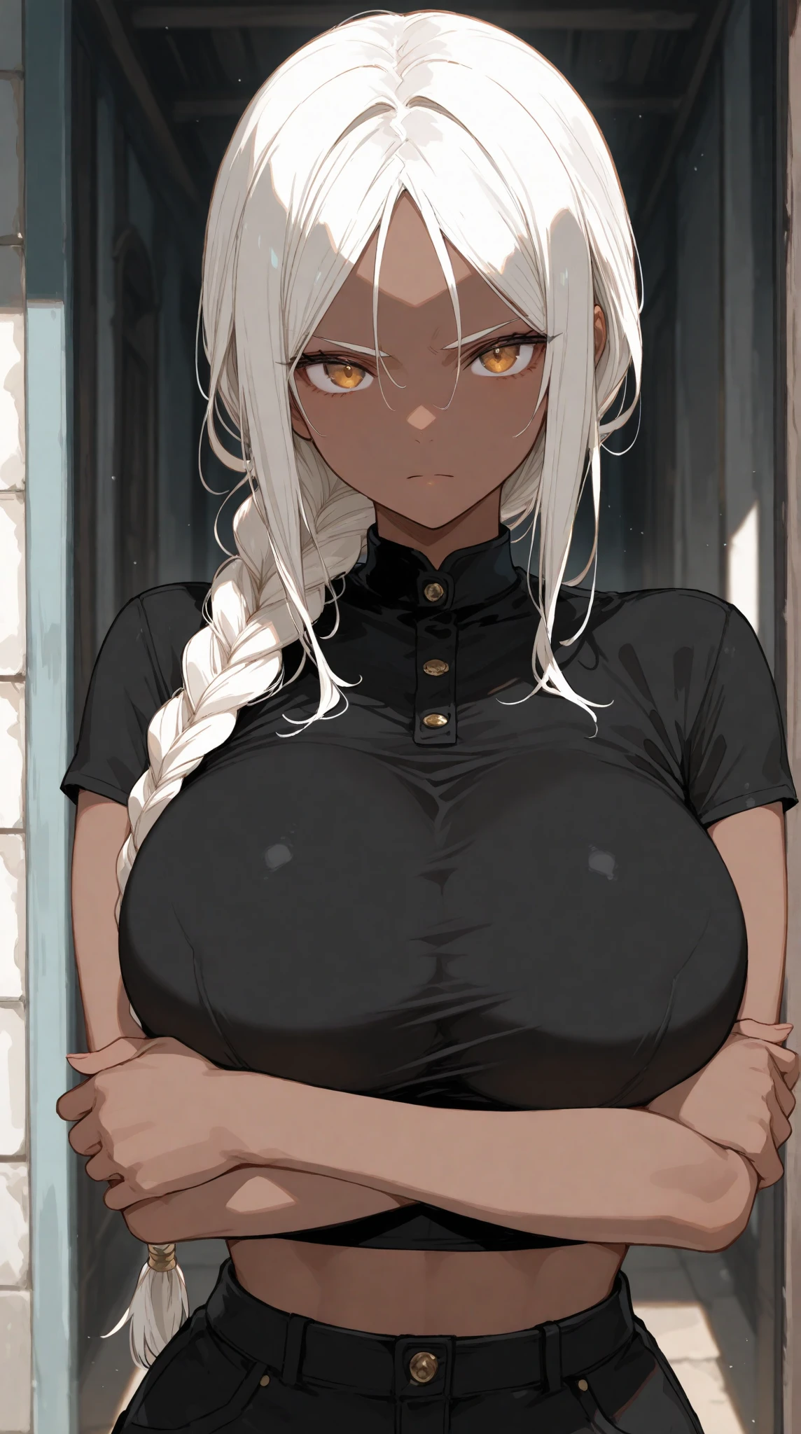 glowing green eyes, high-waist buttoned skirt, long high-slit skirt, green skirt, topless, hands covering chest, big chest, hair tied in a bun, white hair, dark skin, country town, crowded street