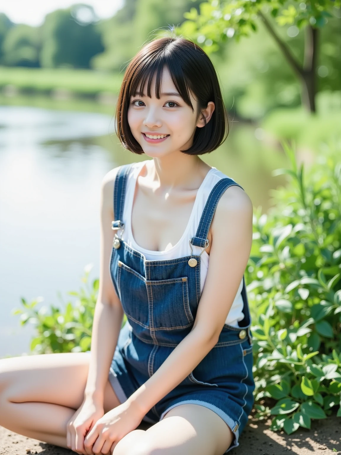 masterpiece,high resolution,realstic,RAW-photo,daytime,shoot from front,1young girl,primary school student,extremely cute face,detailed face,smiling,short cut hair,small and flat breats,overalls over topless,looking at here,squat at water shallow