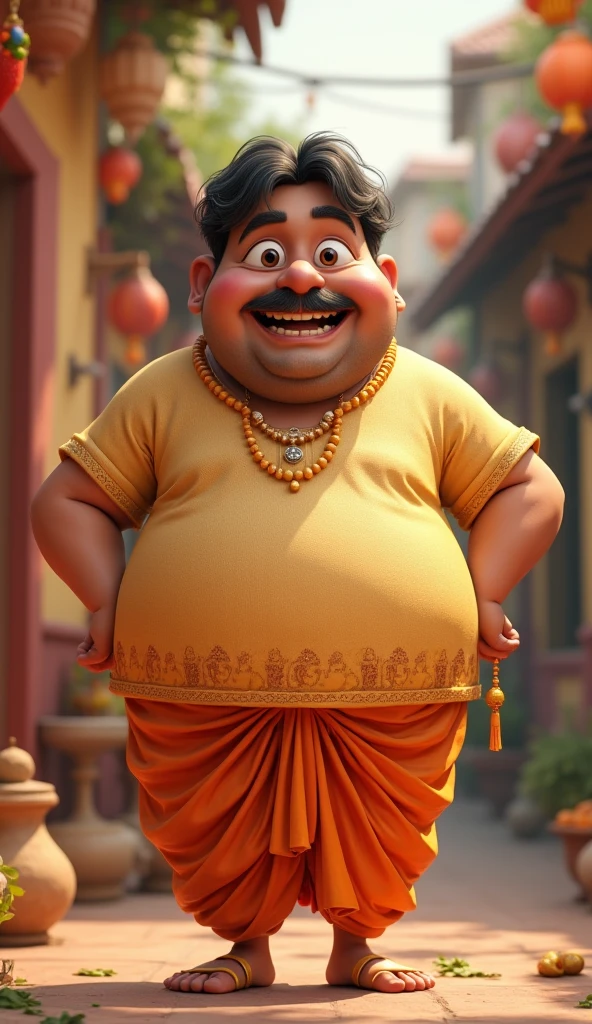 A Indian white fat person with a pot belly.he wearing many golden ornaments and a king's crown happy face .full image.cartoonic image