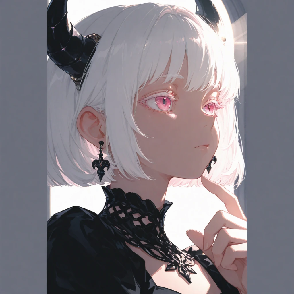 gothic aesthetic, I created an image of a woman with a thin, triangular face, your skin color is red, she has a tail, wear white clothes, her hair is blonde and she wears a two-bun hairstyle on her head., His face is thin, triangular and has a scary look , gothic and dark style art