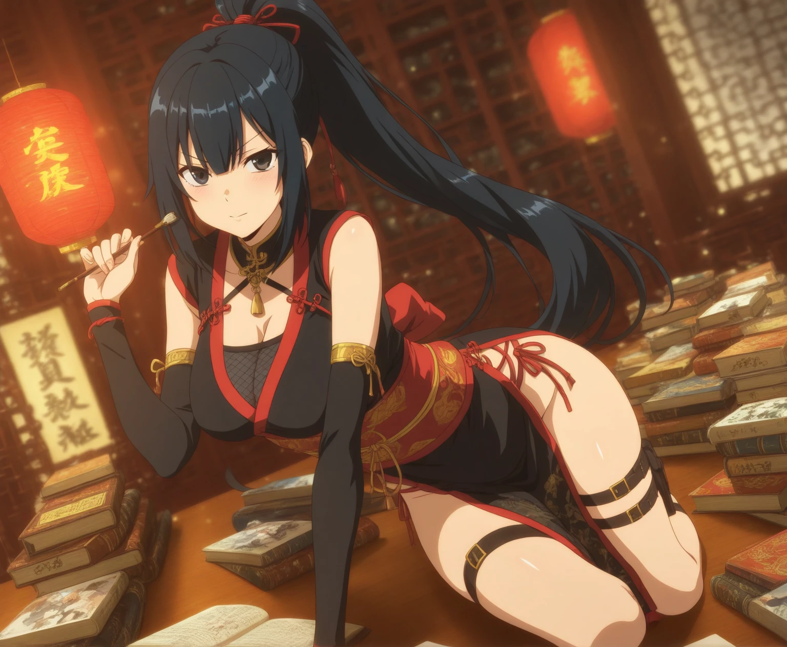 long hair, purple eyes, pointy ears, 1girl, breasts, tank_top, fire, cleavage, solo, large_breasts, dumbbell, bare_shoulders, brown_eyes, holding, black_tank_top
