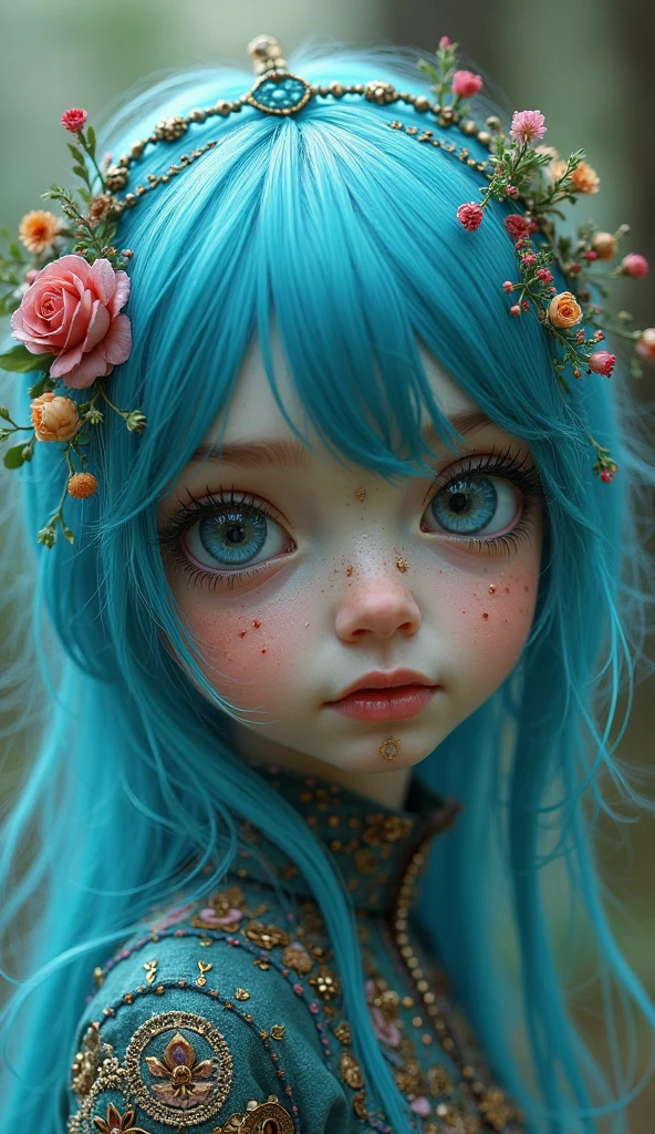 Close-up of doll with blue hair and flowers in hair, kawaii realistic portrait, luts, Face Up, 🌺 cgsociety, Face up, Ethereal!!! A hyper-realistic, pastel blue eyes, yangjun chen, Aesthetic portrait, sakimichan, ball jointed doll, soft portrait shot 8 k, azure eyes