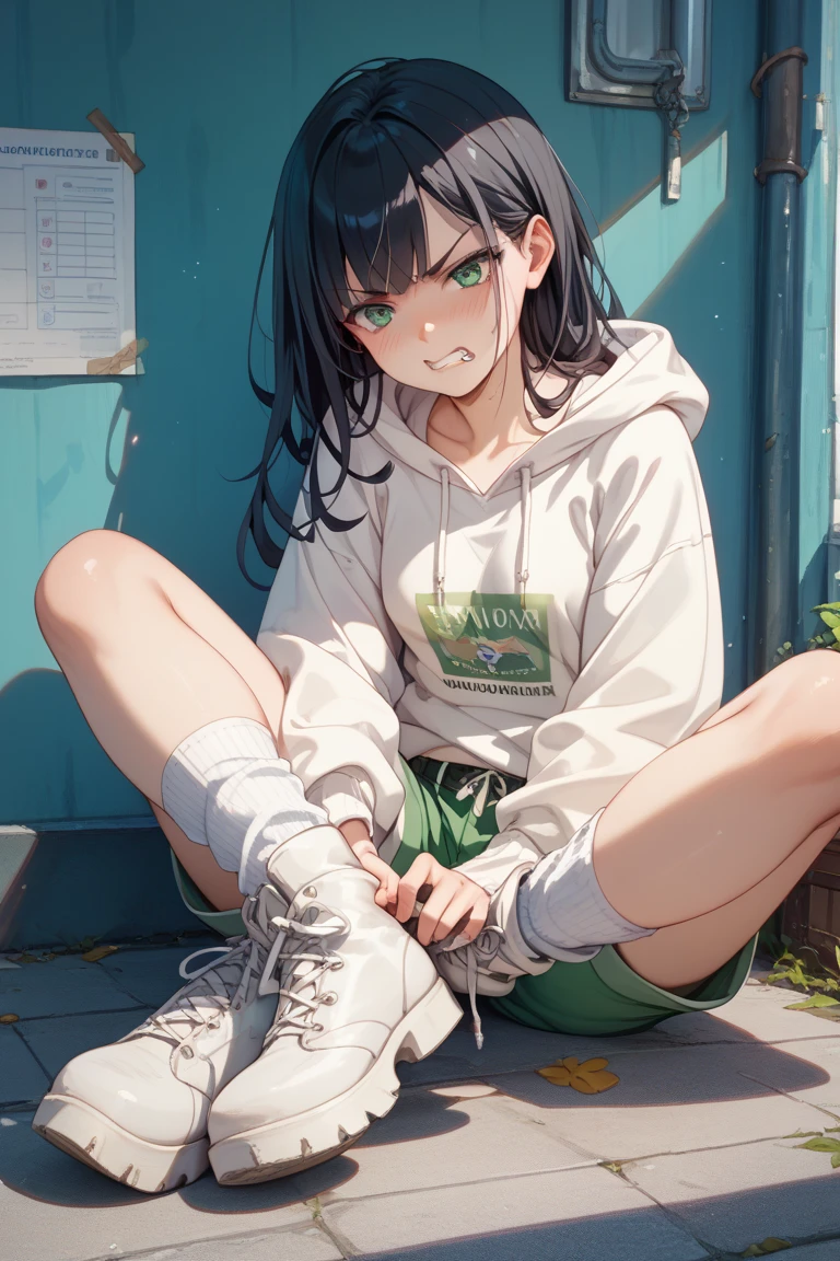 masterpiece, Facial details, Very detailed, 8K, Modern Style, ((One young man)), woman, Short white hair, Green Eyes, White hoodie, Black trousers, I can see the shoes, White Background, joy, sit down, hood up,