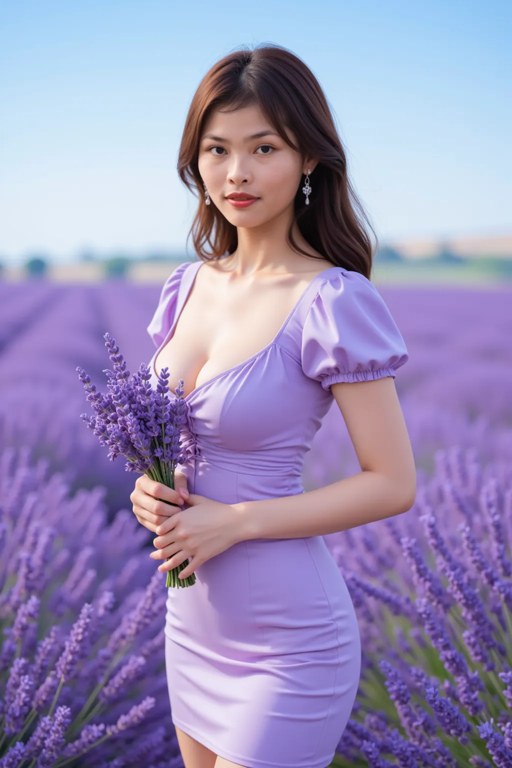 Beautiful woman with beautiful slim waist body with wide hips and big breasts with black hair in a lavender field completely naked and smiling sexy