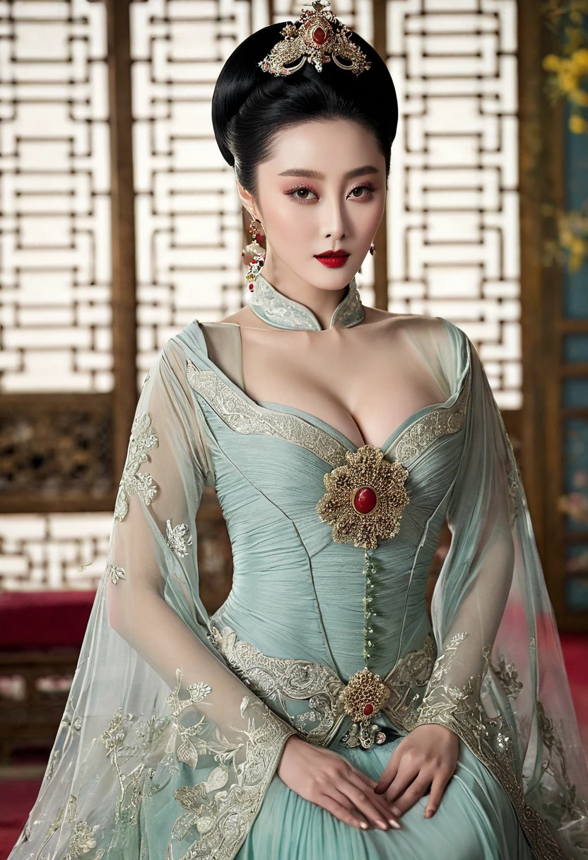 (Realistic:1.5),(raw photo:1.2),(photorealistic:1.2),(masterpiece:1.2),best quality,highest quality,extremely detailed CG unity 8k wallpaper,detailed and intricate,original,highres, (detailed face:1.2),Fujifilm XT3,(high detailed skin:0.9),8k,ulzzang-6500-v1.1,detailed eyes, gorgeous,
1girl, (dynamic pose:0.8),floating hair, (yellow hair:0.9),(green eyes:1.2), red and yellow dress,
(full body:0.8), (cleavage:1.1), (huge breasts:1.2),detailed skin texture, detailed cloth texture, beautiful detailed face, intricate details, ultra detailed,high heels, (big areola),(nipple slip:0.8),flower,detailed gradient background,(magical lights:1.3),many frills,gold trim, pink and white dress,mountain,butterflys flying around, grassland,indoors, <lora:hanfuChineseWeddingDressWomen_v15:0.7>,