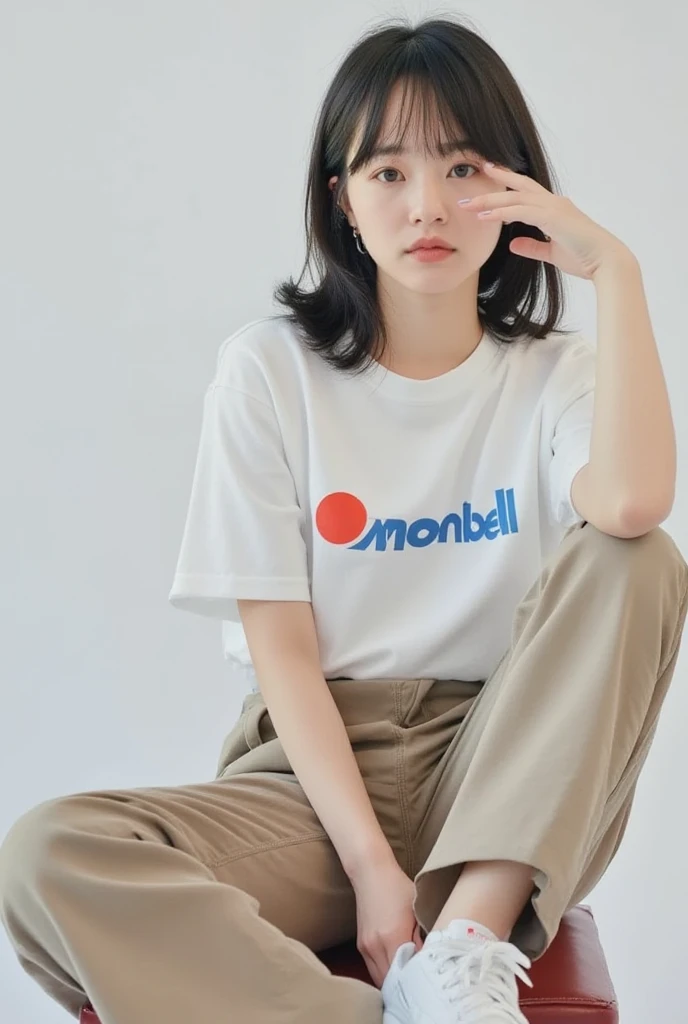 Headshot of a Japanese woman modeling wearing a Montbell logo t-shirt and cool Honda logo chinos