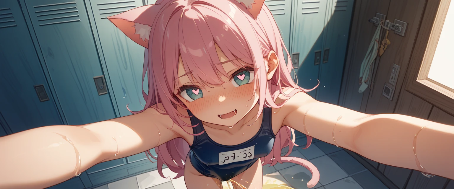 ((masterpiece,best quality)),high resolution,ultra detailed,8k,16k,detailed background, perfect lighting,detailed beautiful eyes,1girl,nsfw,embarrassed,blush,look at viewer,from front,face focus,fisheye lens,steam,sweat,confused,(cum on armpits:1.2),(school swimsuit,show off armpits,upper body:1.4),naughty face,wavy mouth,open mouth,haru urara,pink hair,pink eyes,long ponytail,short stature,little_girl,child_body,small breast,flower shaped pupils,(anime style:1.2),seaside beach