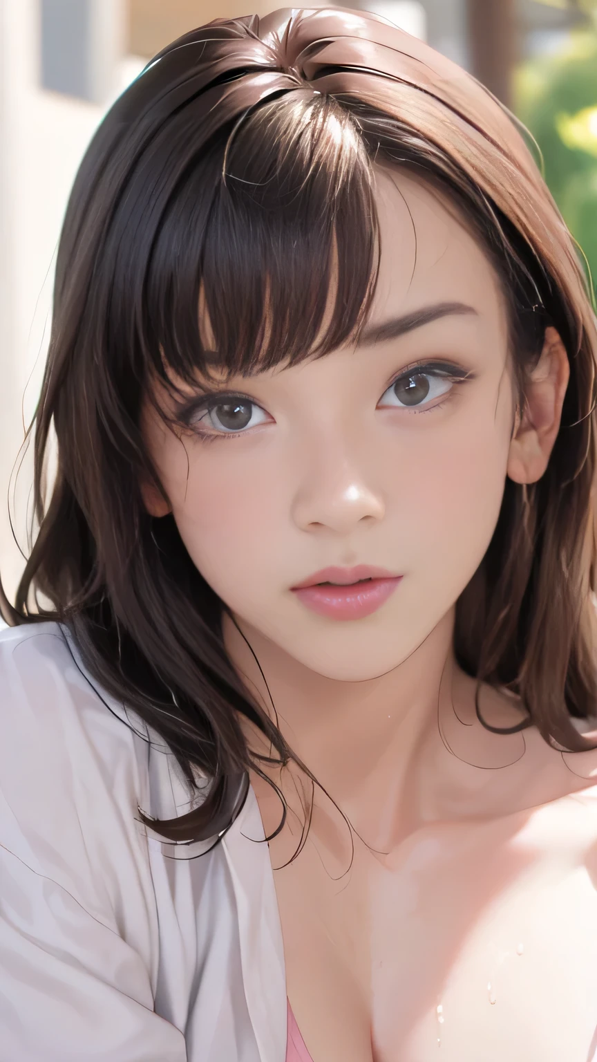 Girl in summer clothes, White blouse, Tight check pattern, As if I wanted to kiss you, (Girl crouching and looking at the camera), Medium chest, Cleavage, Random Background, Sexy expression, ((Very detailed)), (Perfectly detailed face), (Detailed and well-drawn hand) Photorealistic images.